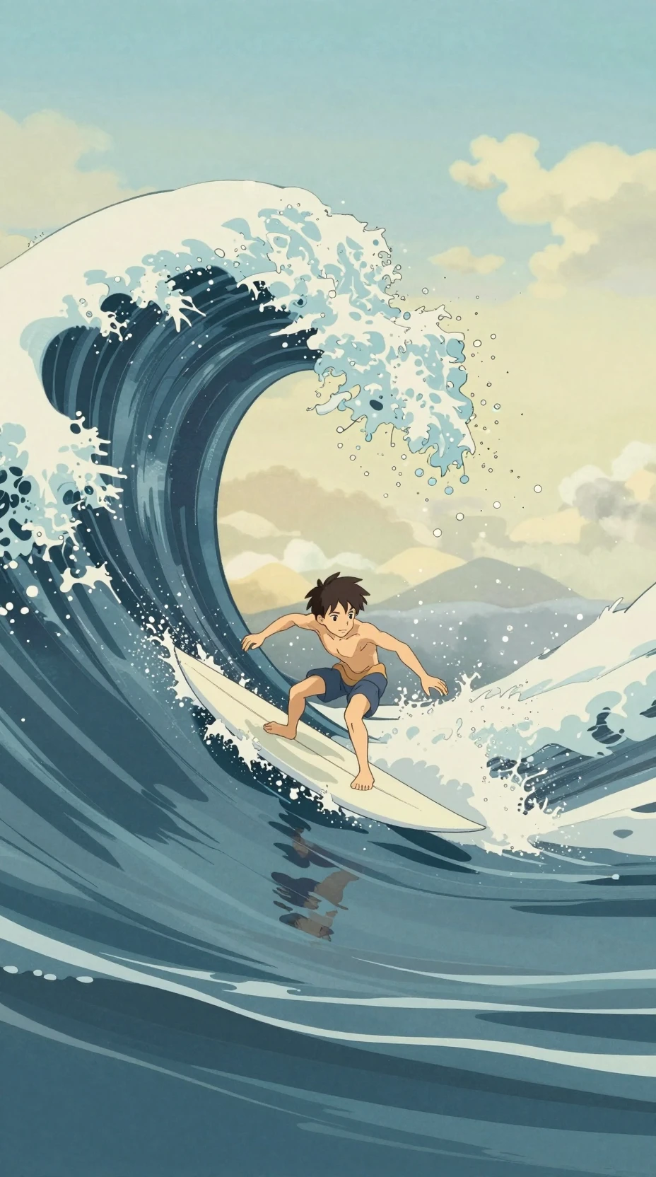 Anime boy surfing a towering ocean wave in soft light