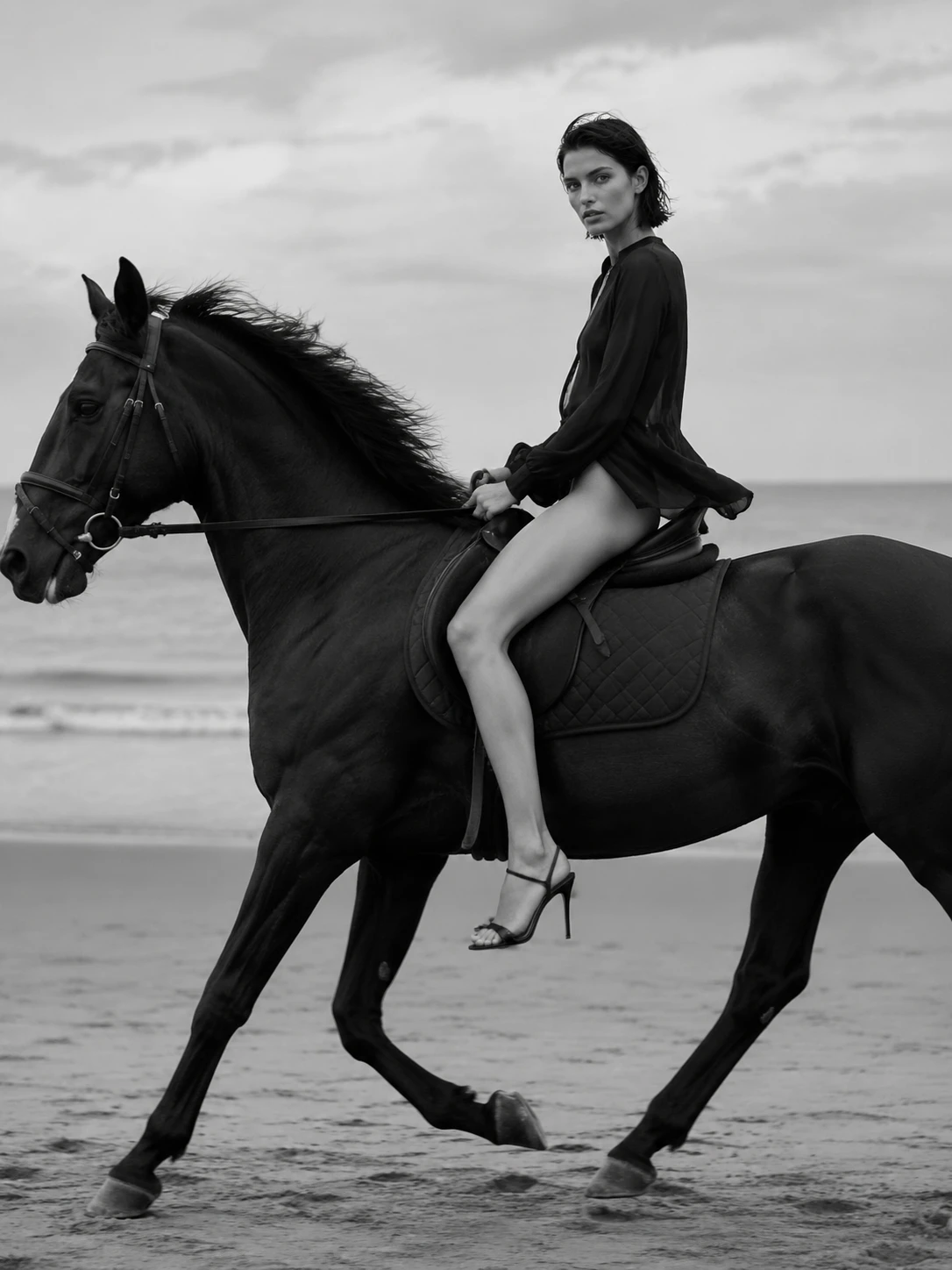 Mujer de cuerpo completo en blanco y negro montando a caballo en la playa