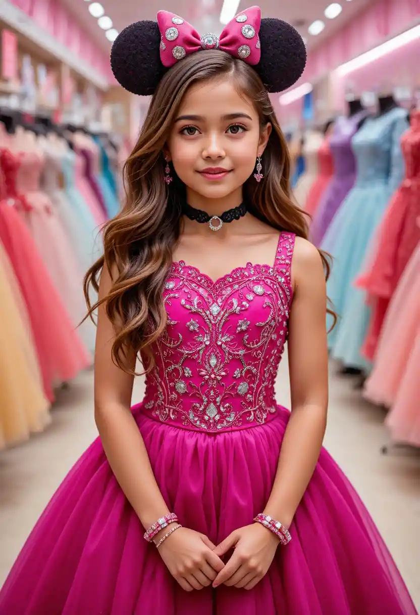 Young girl in pink Minnie gown at dress boutique