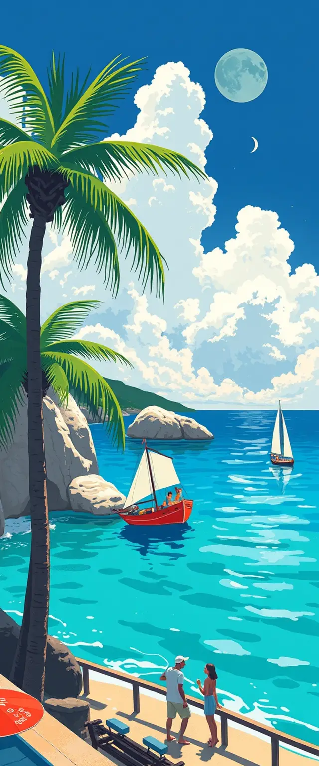 Neon graphic cruise ship scene in bold illustrative style