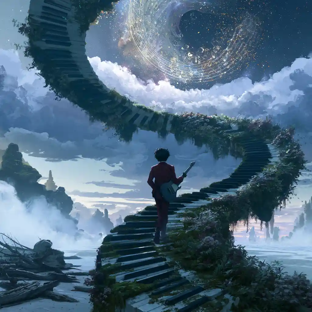 Man Ascending Spiral Piano Keys Into A Cosmic Guitar Portal