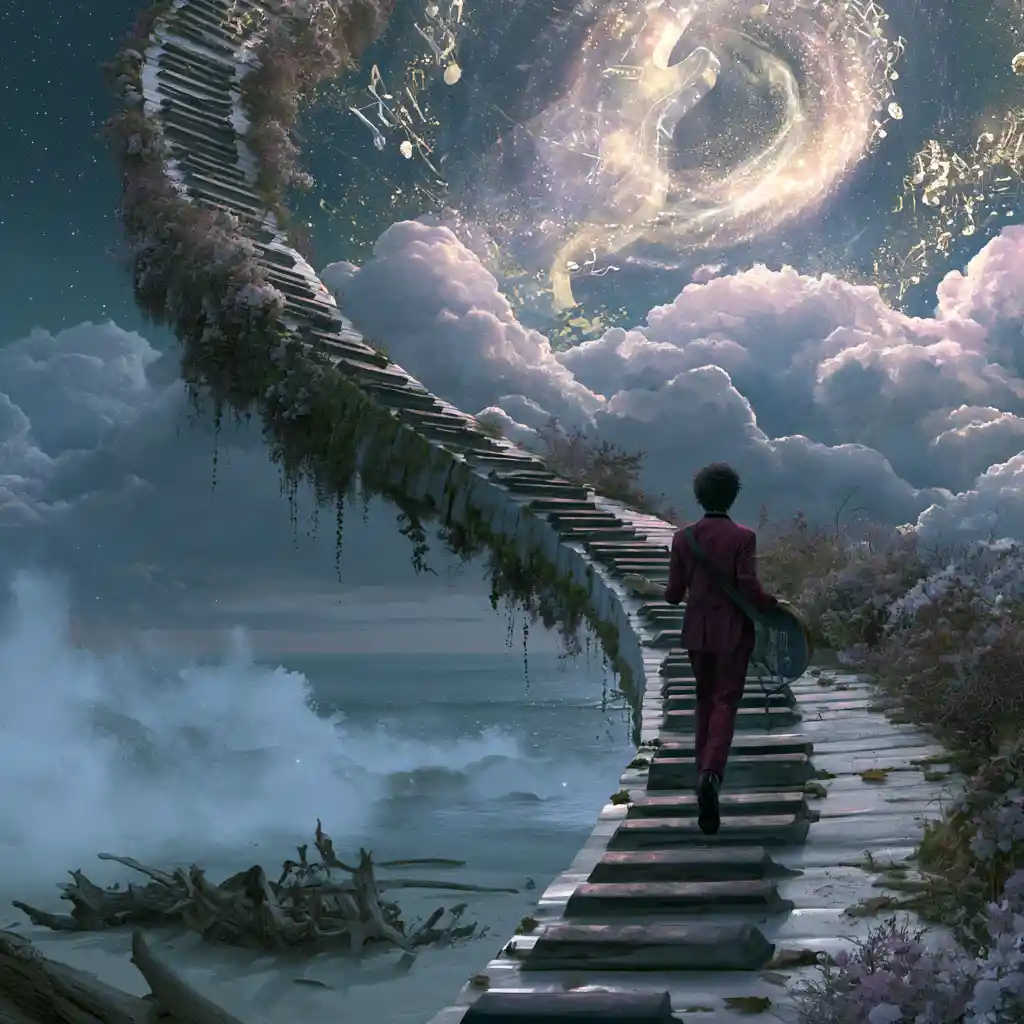 Man Climbing Spiral Piano Stairs Under A Moonlit Sky