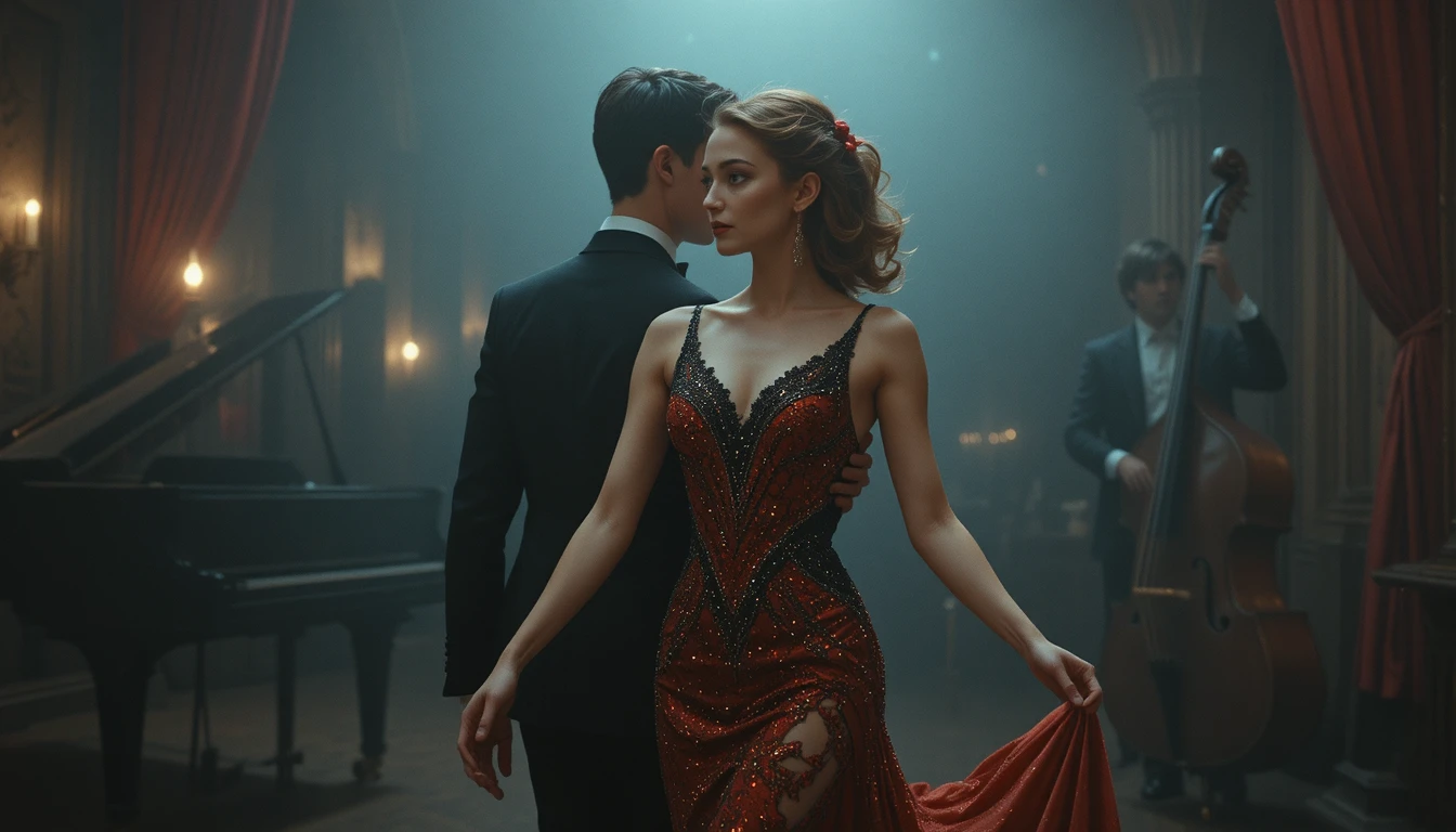 Casal elegante dançando em um salão de baile vintage mal iluminado