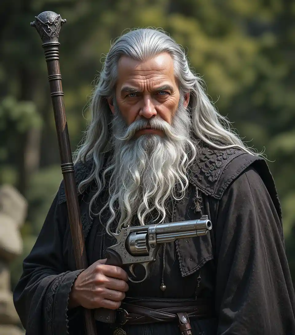 Wizard with a silver handgun in bright fantasy sunlight