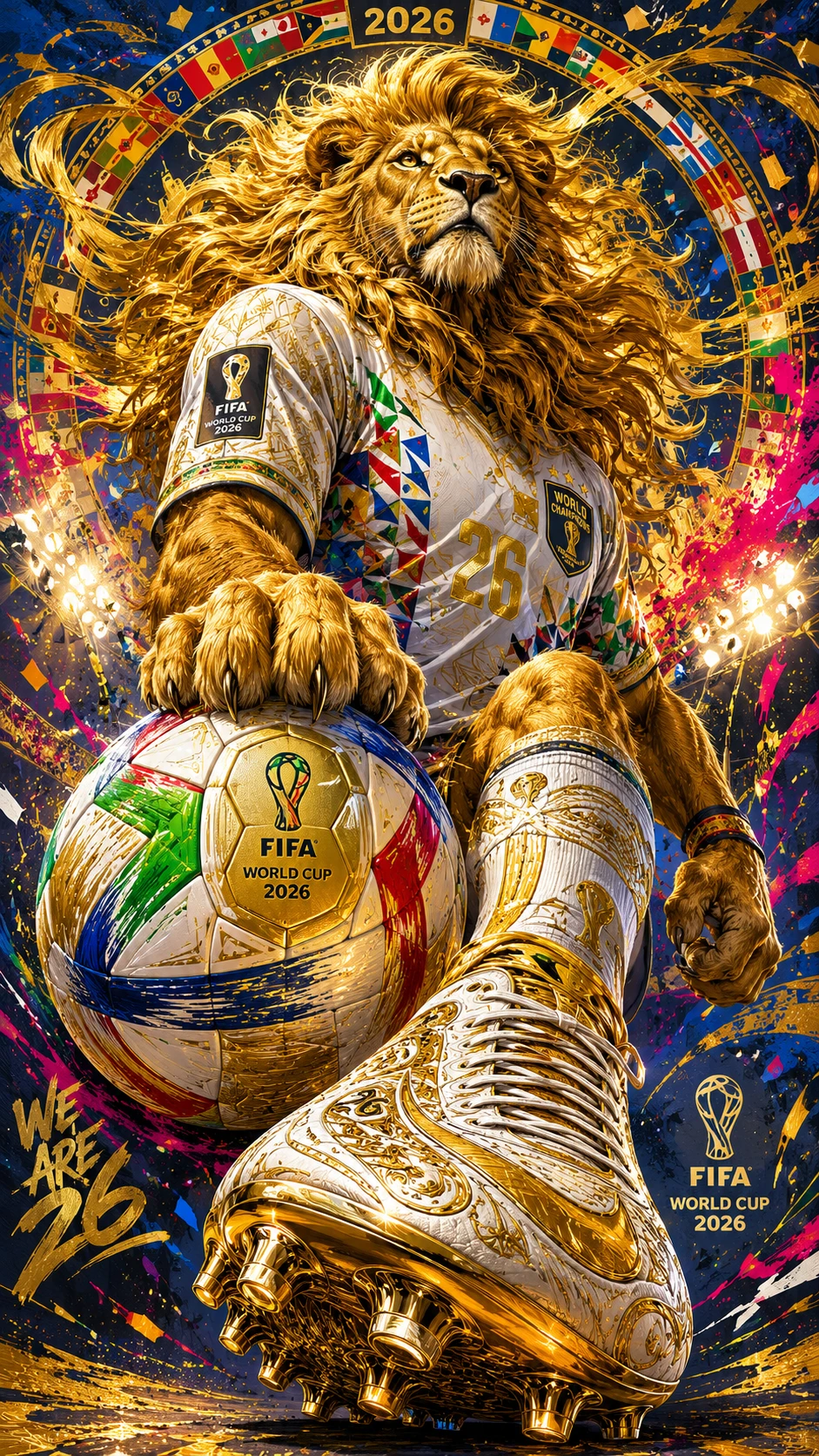 Ícono de León Dorado de Fútbol en Ilustración Dinámica en Plano Bajo