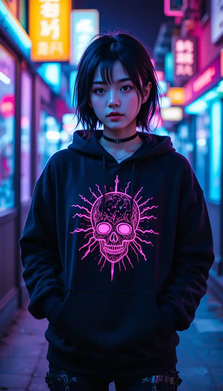 Japanese girl in neon lit urban night portrait