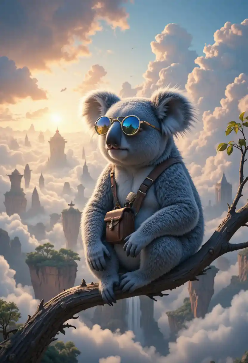 Koala explorer sitting on a branch among floating islands