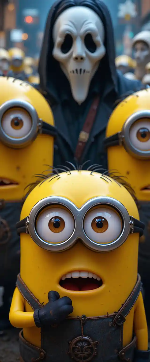 Cartoon minions wearing ghost masks in a tense scene