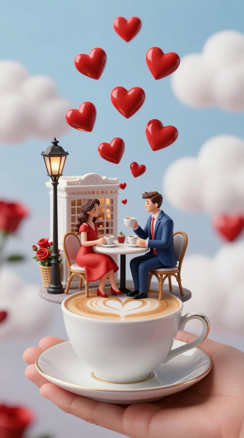 Miniature romantic cafe inside a porcelain coffee cup