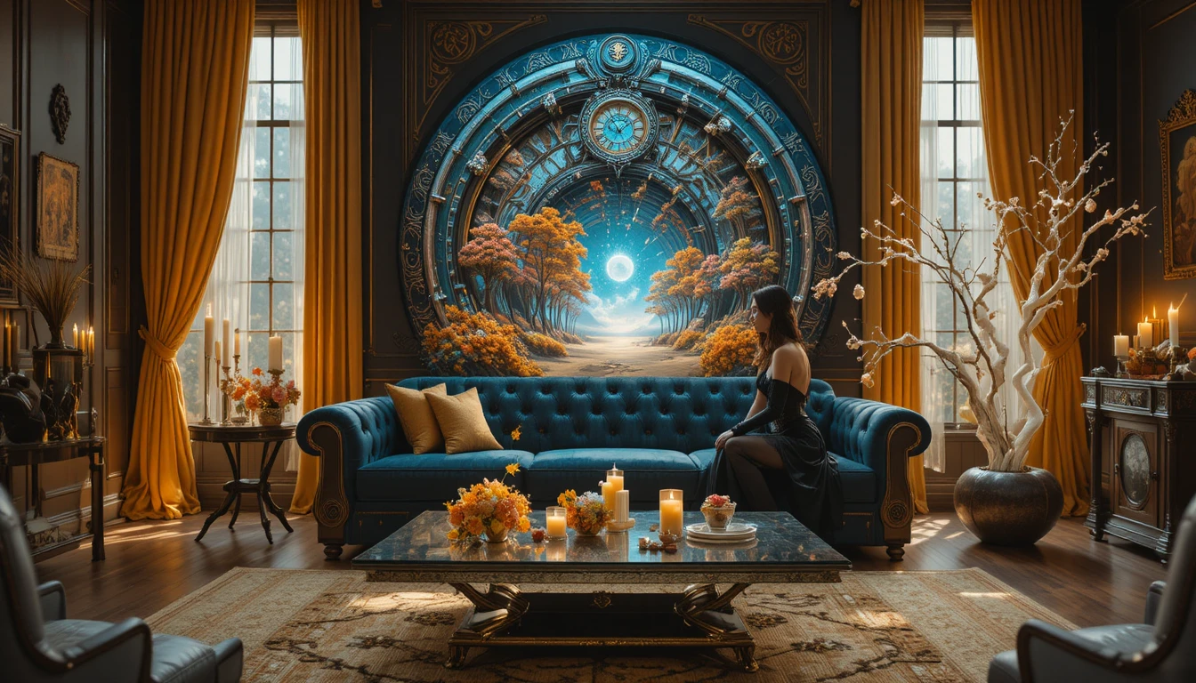 Luxurious living room with surreal cosmic artwork and candles