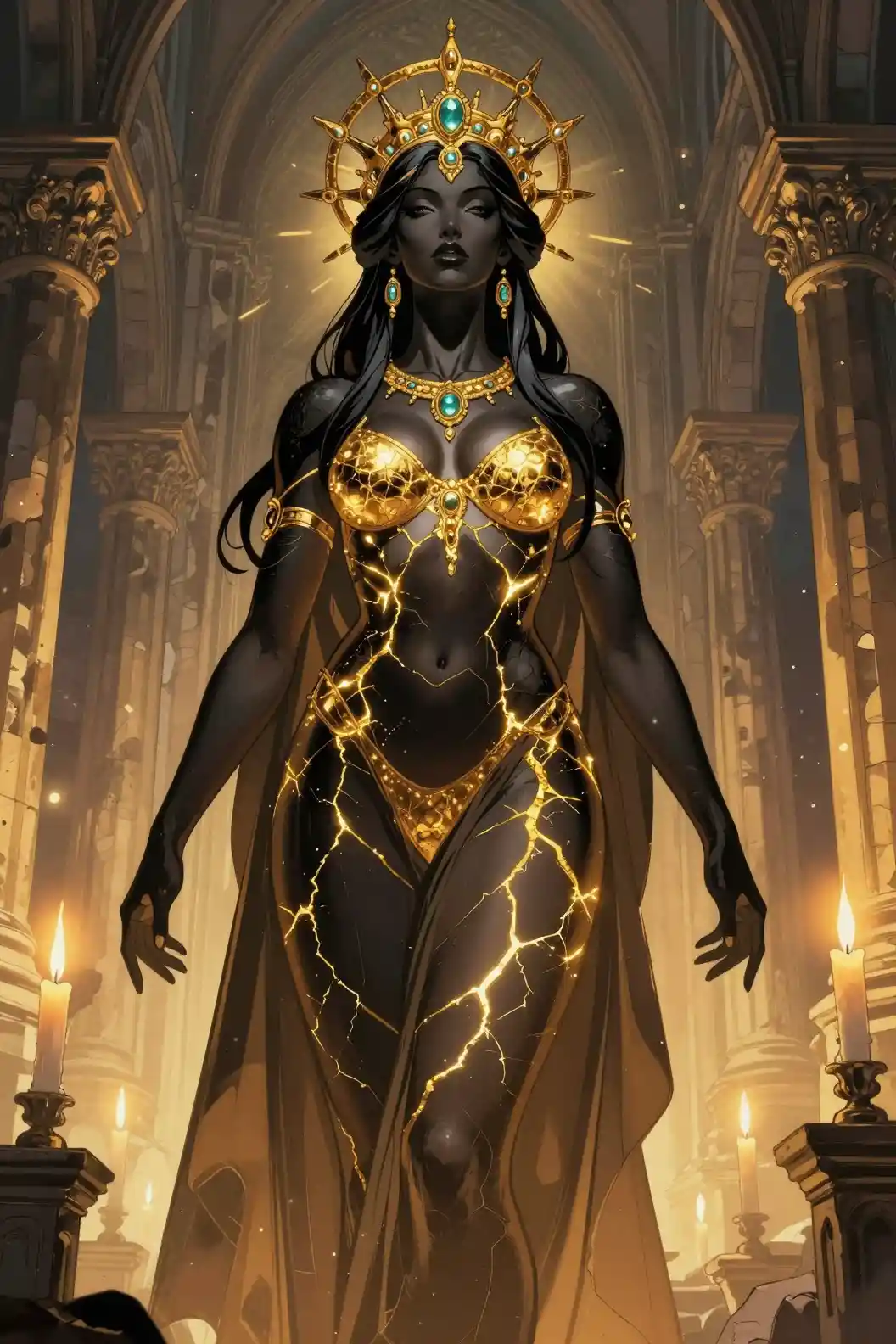 Black stone goddess in glowing cathedral ruins