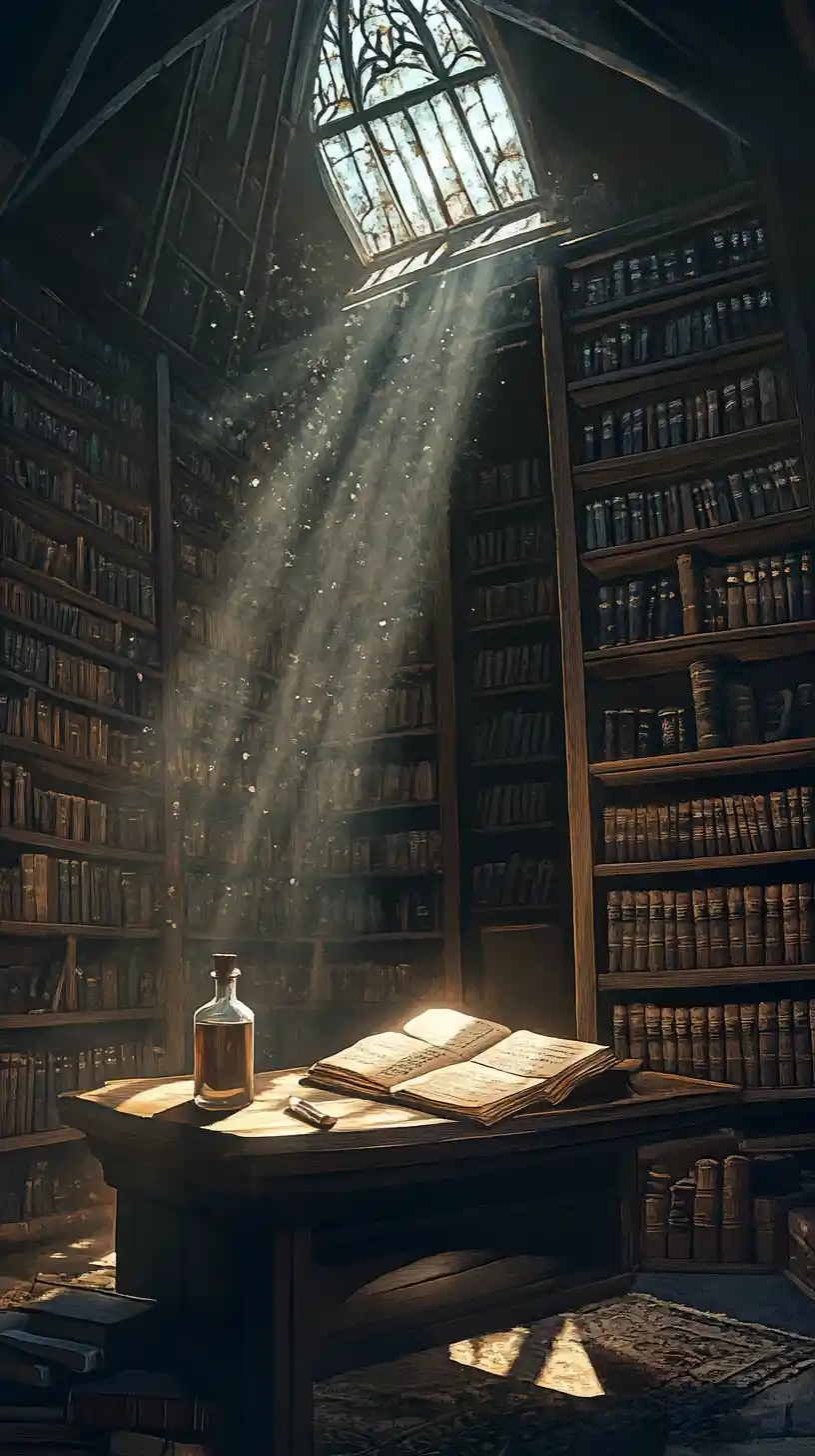 Dusty library study with an ancient book under spotlight