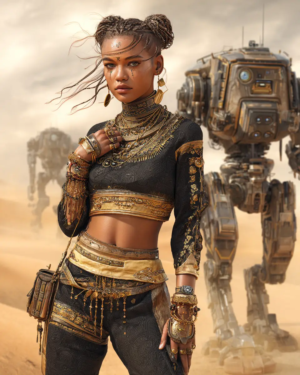 Cyberpunk-Wüstenfrau vor einem antiken Observatorium