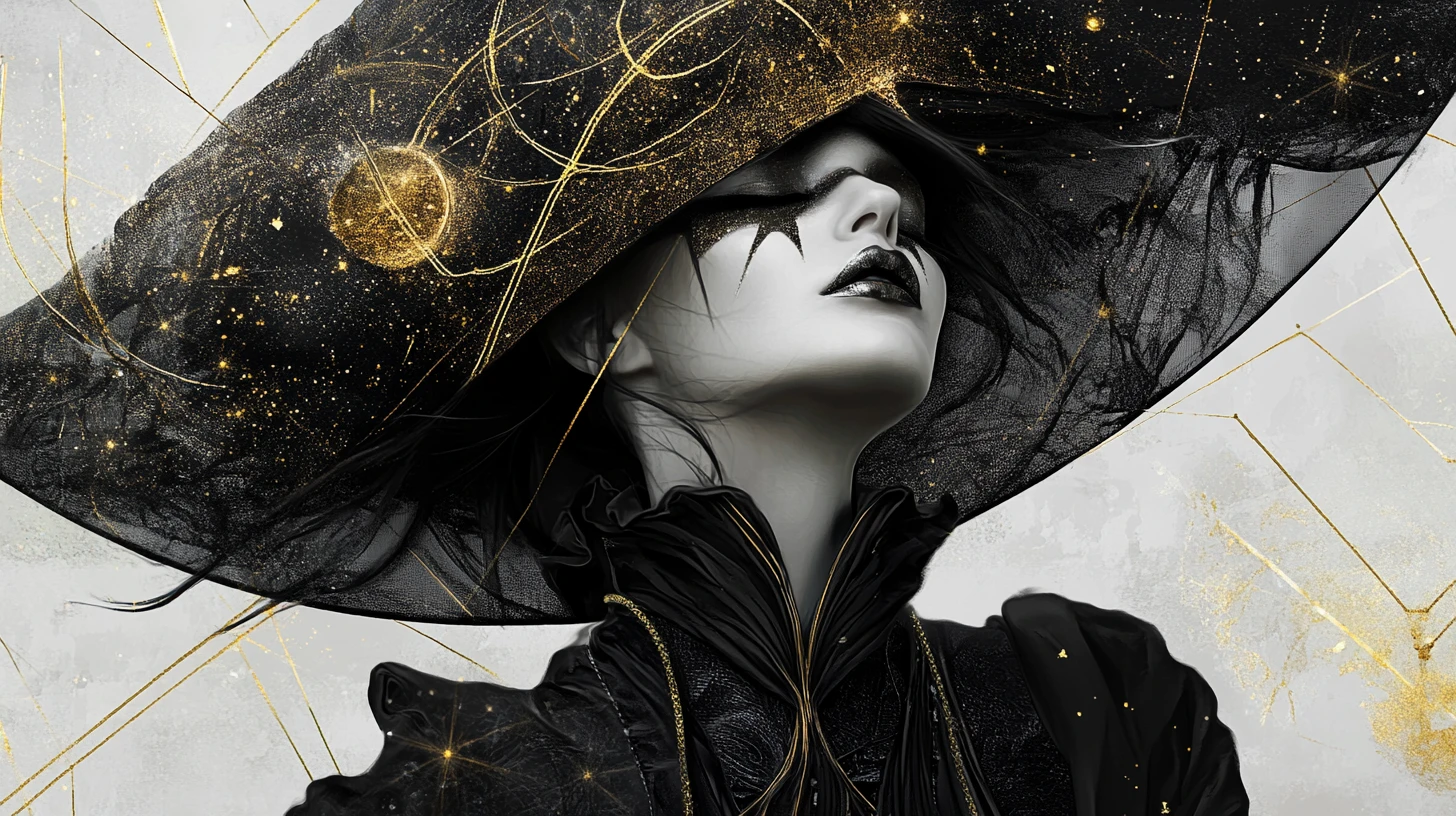 Stylized witch wearing a wide celestial starry hat