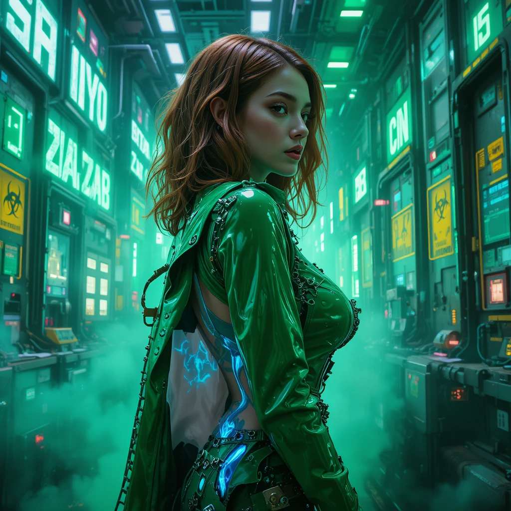 Cyberpunk woman in biohazard sector fashion portrait