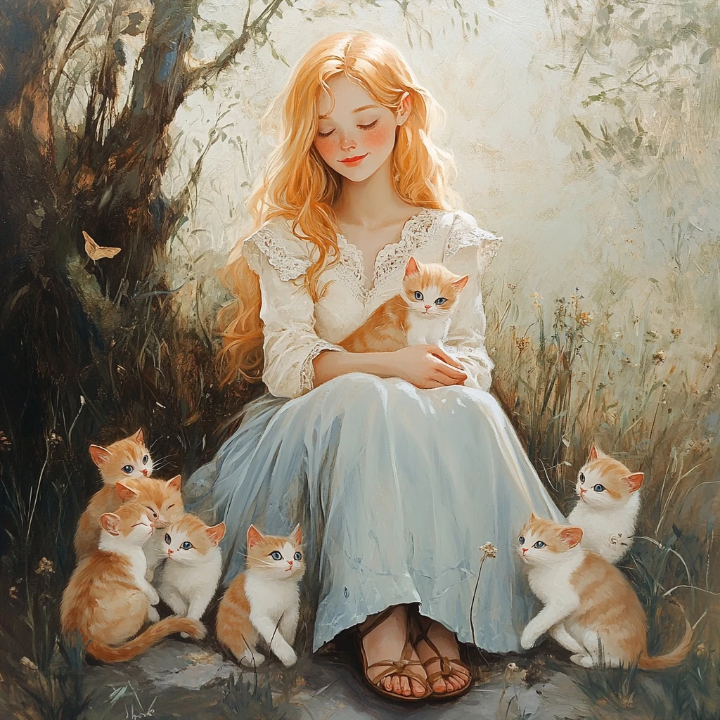 Smiling woman with kittens in a dreamy garden scene