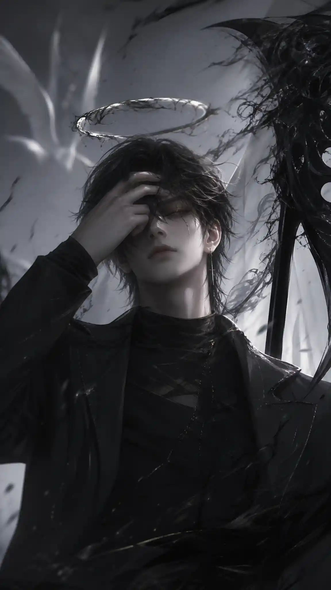Mysterious angelic young man lifting bangs to reveal scar