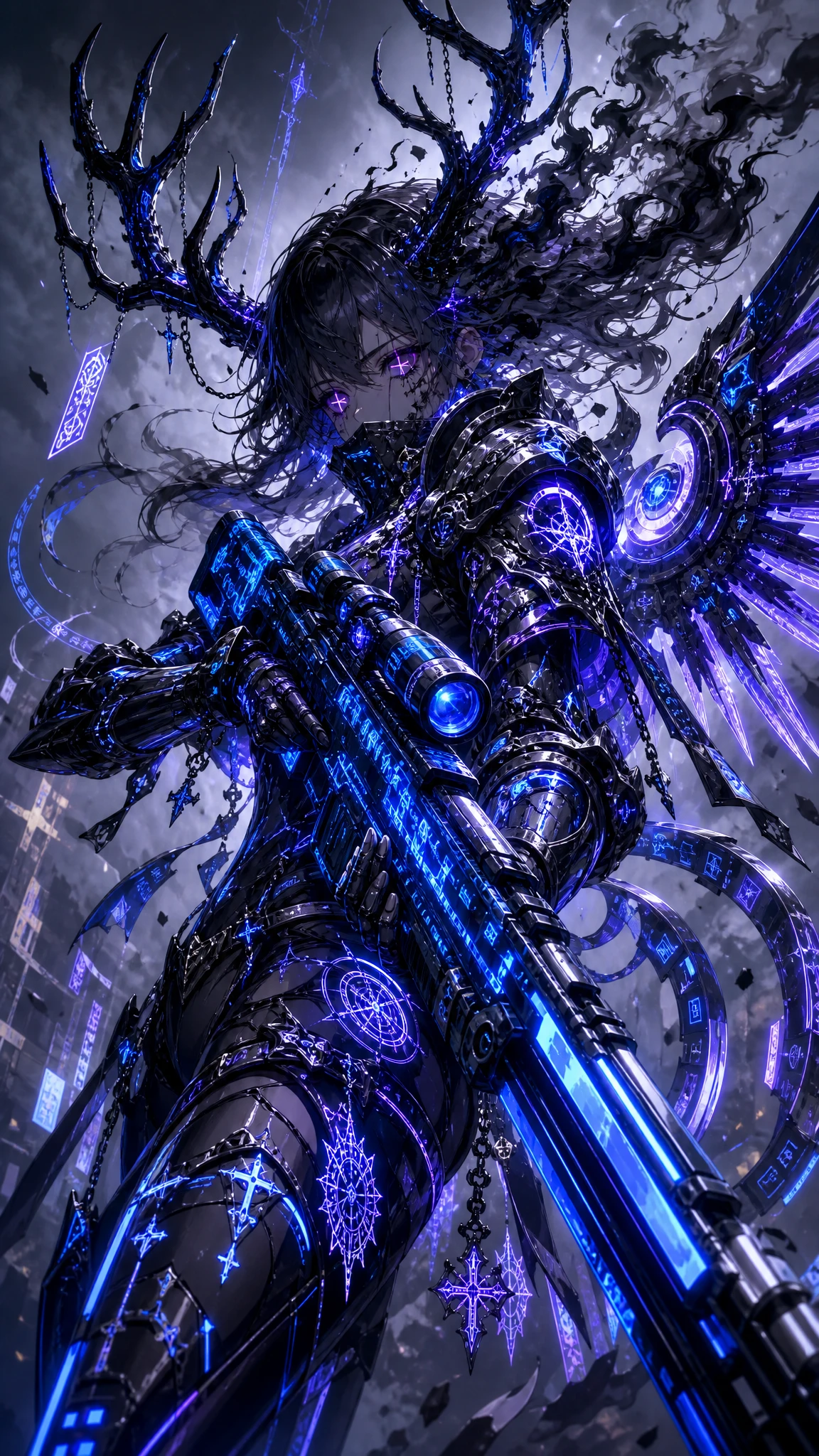 Cyberpunk woman dissolving into smoke with neon sniper rifle