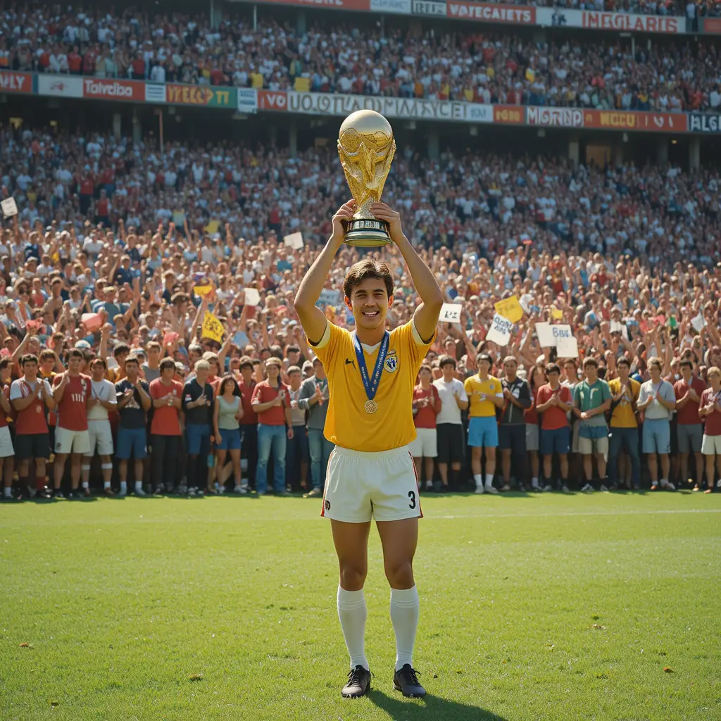 Football champion lifting the World Cup before cheering fans