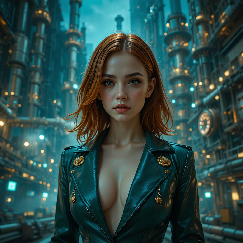 Cinematic portrait of a cyberpunk woman in oil refinery
