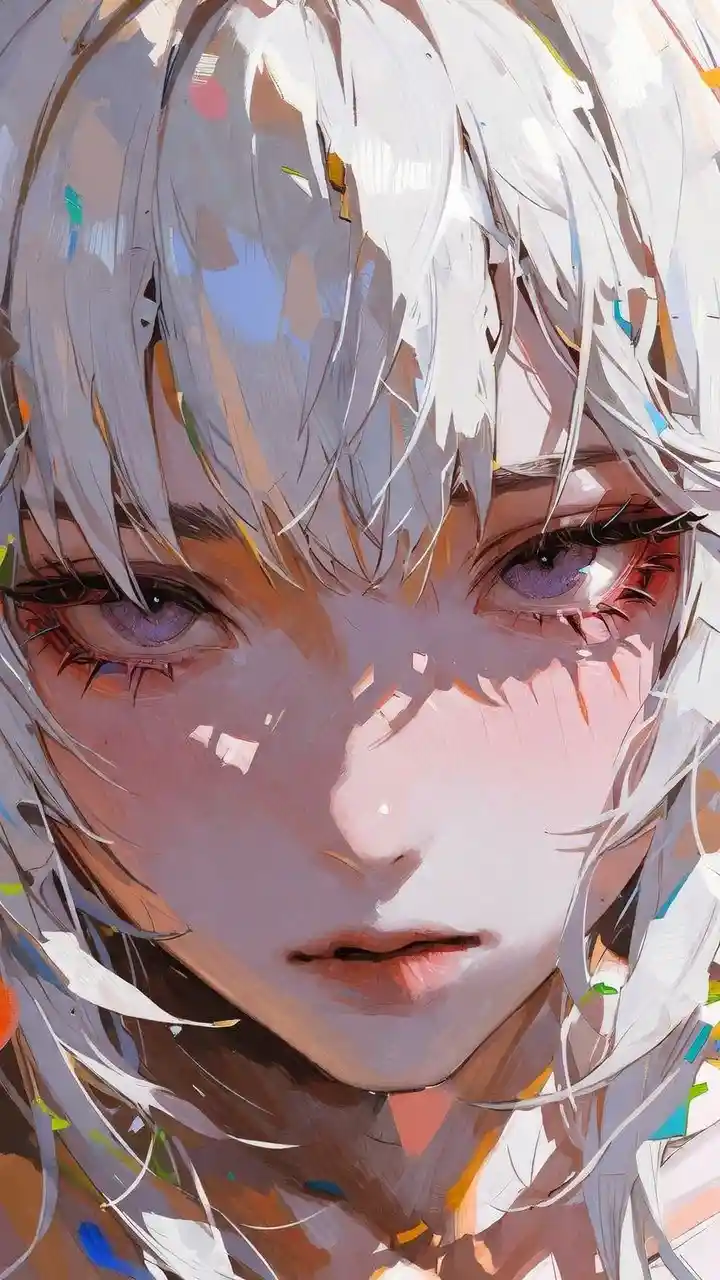 白髪と紫の瞳の幻想的なアニメ少女
