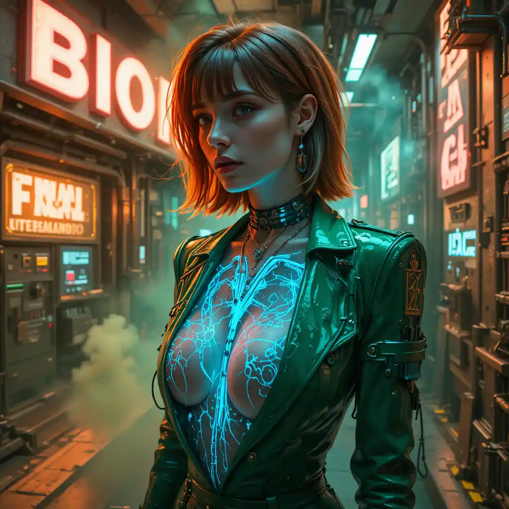 Cyberpunk woman in biohazard sector fashion portrait