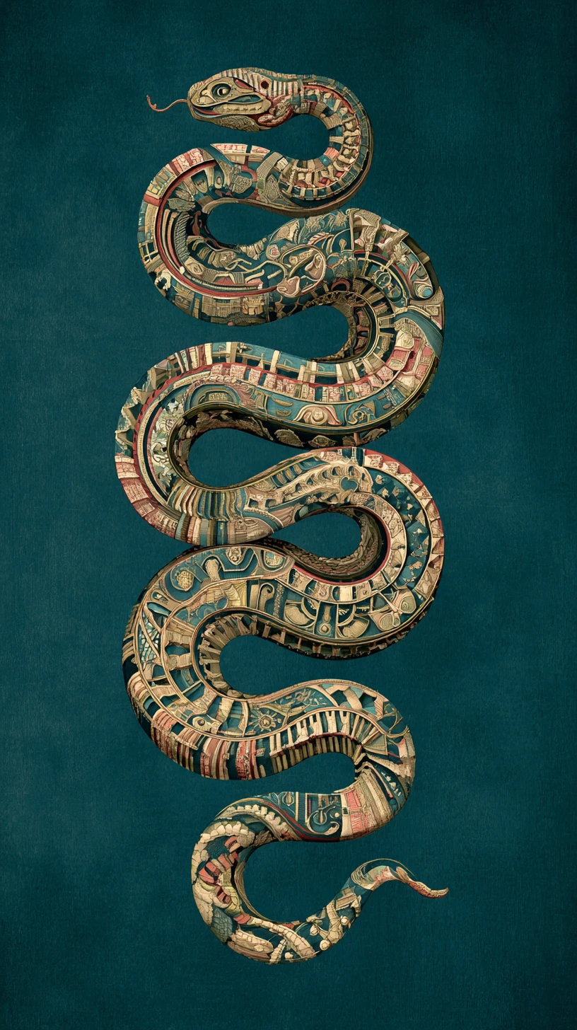 Elegant cosmic serpent looping through surreal symbolic space