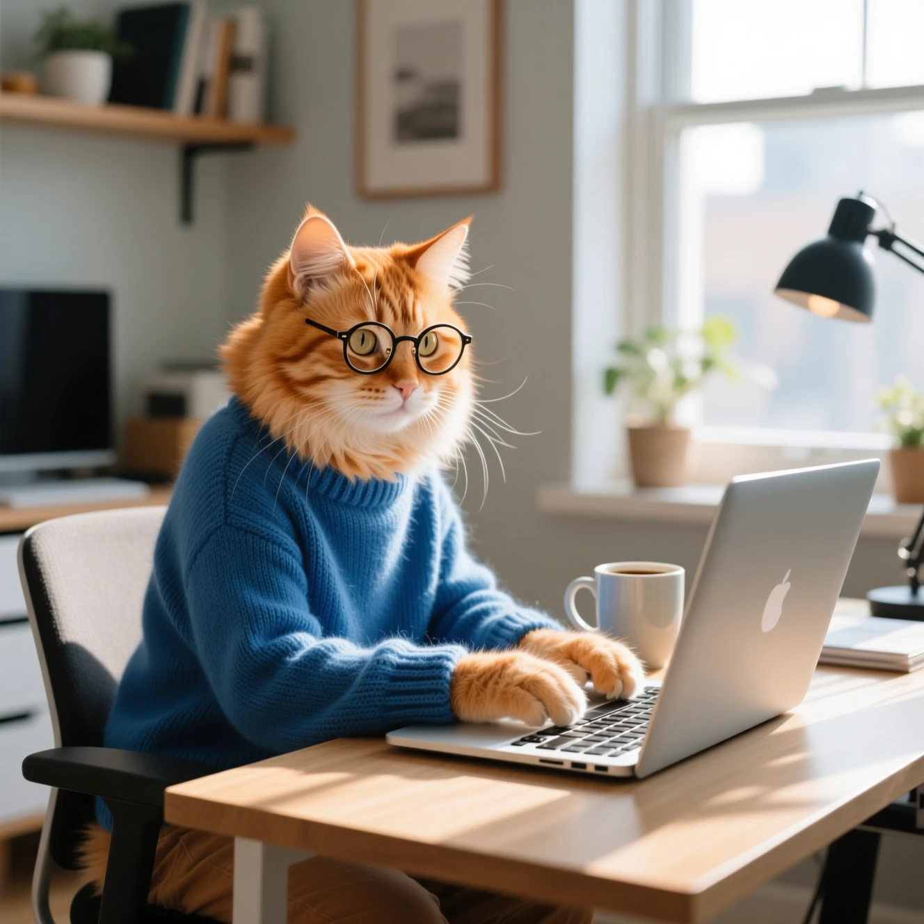 Orange tabby cat typing at a cozy home office desk