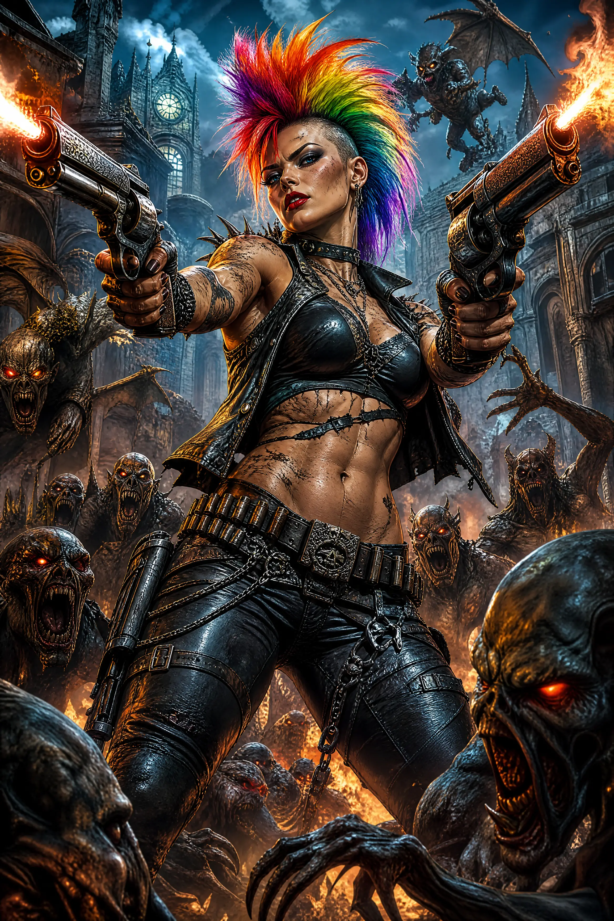 Fierce warrior woman facing supernatural demons in battle