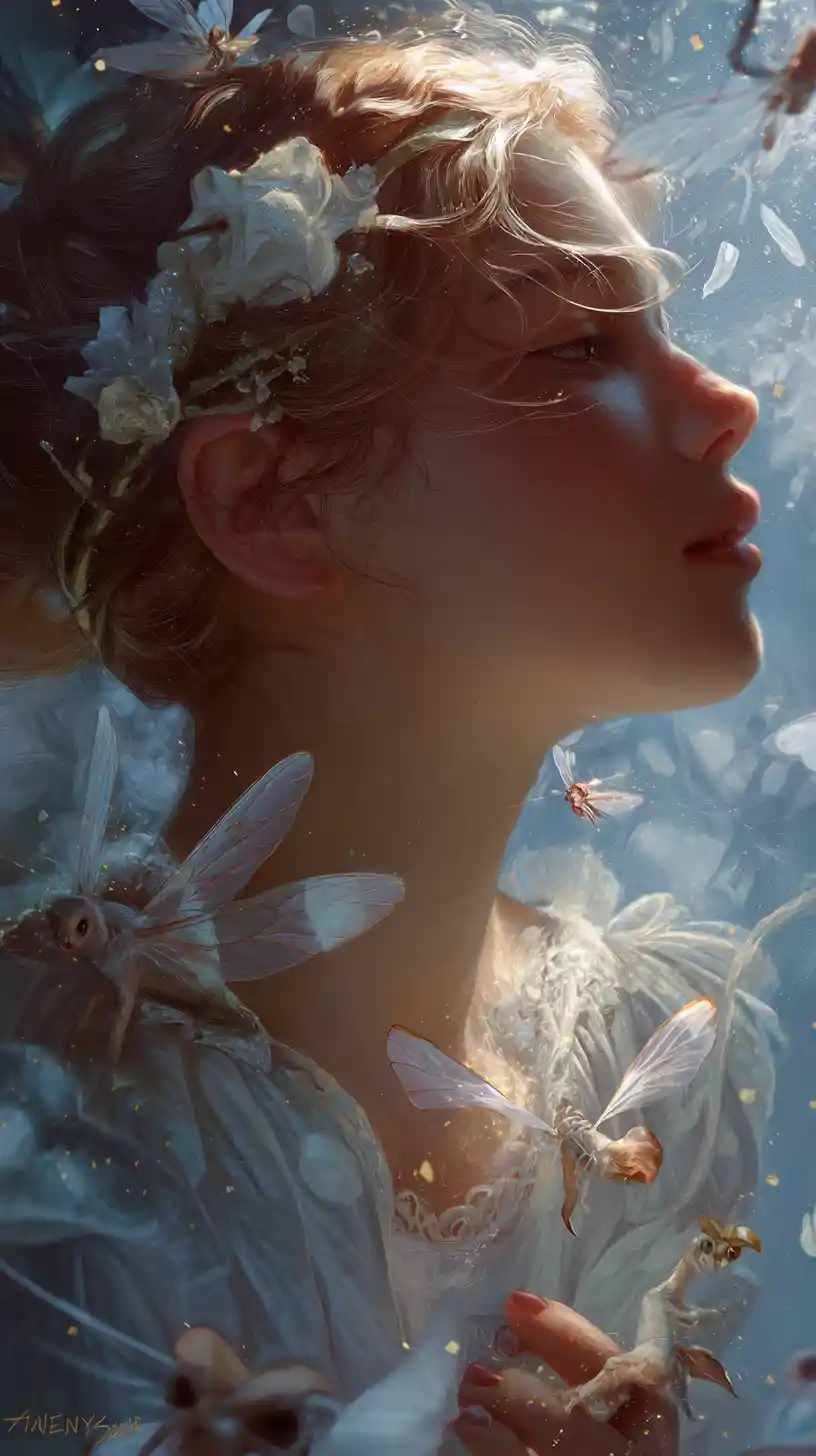 Woman surrounded by playful fairies in soft magical light