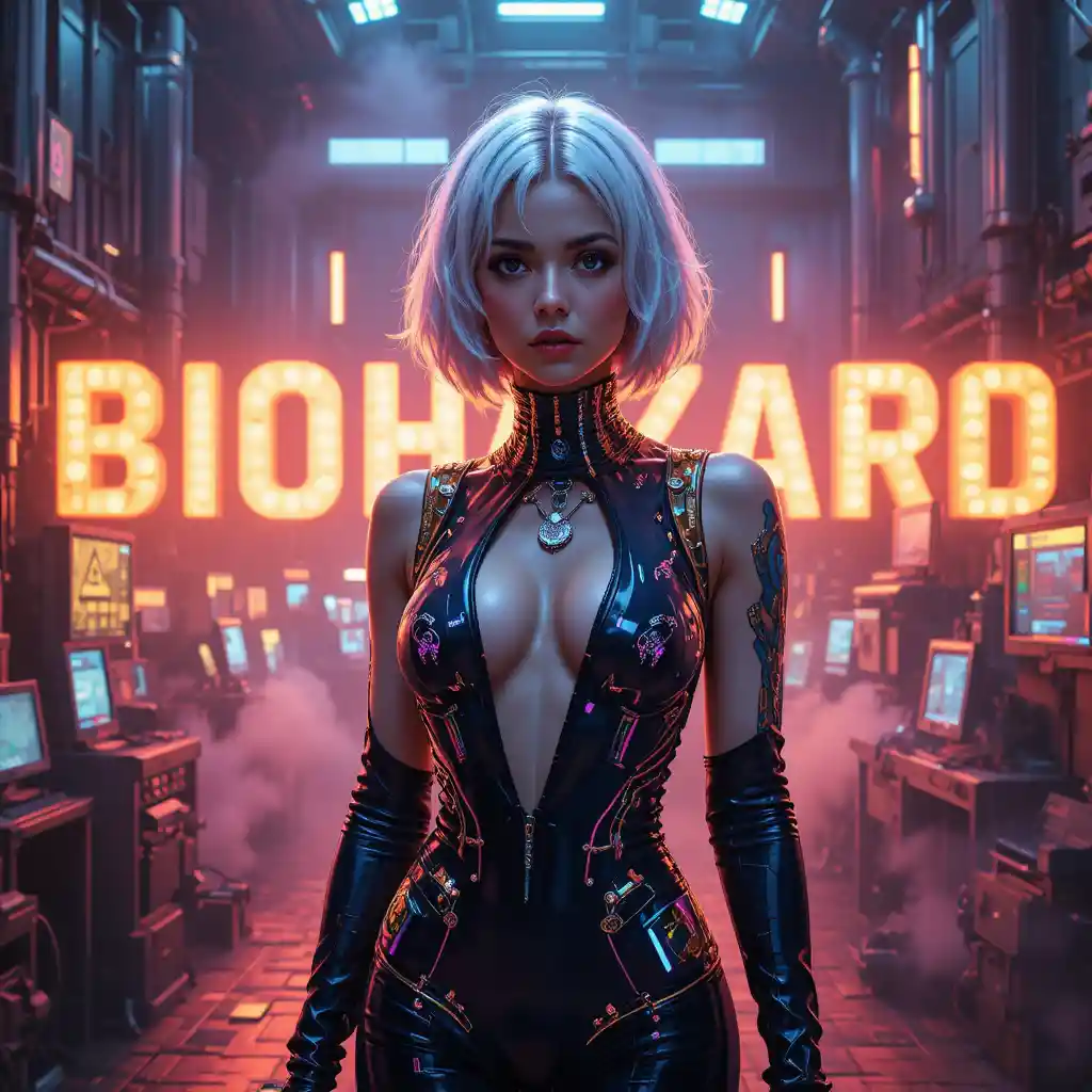 Cyberpunk femme fatale in industrial biohazard control center