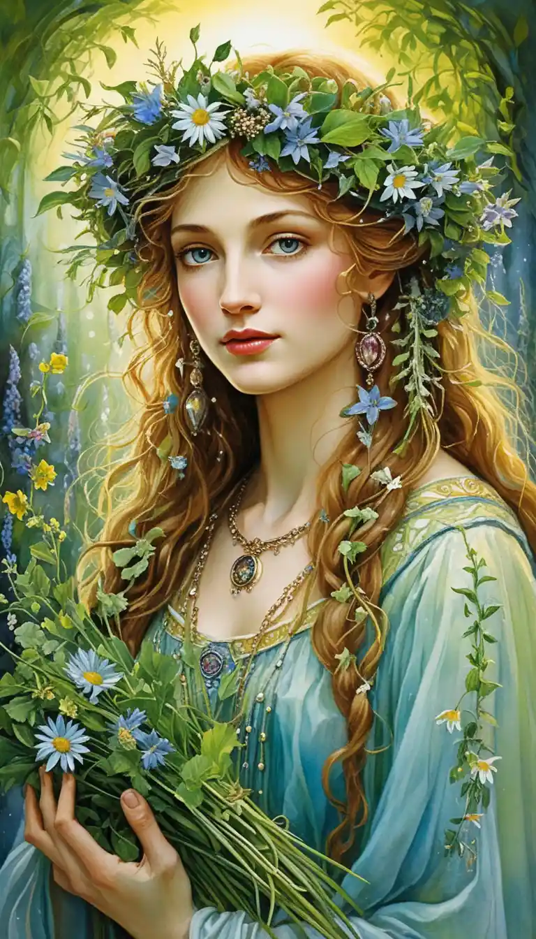 Midsummer wreath of healing herbs at sunrise in nature