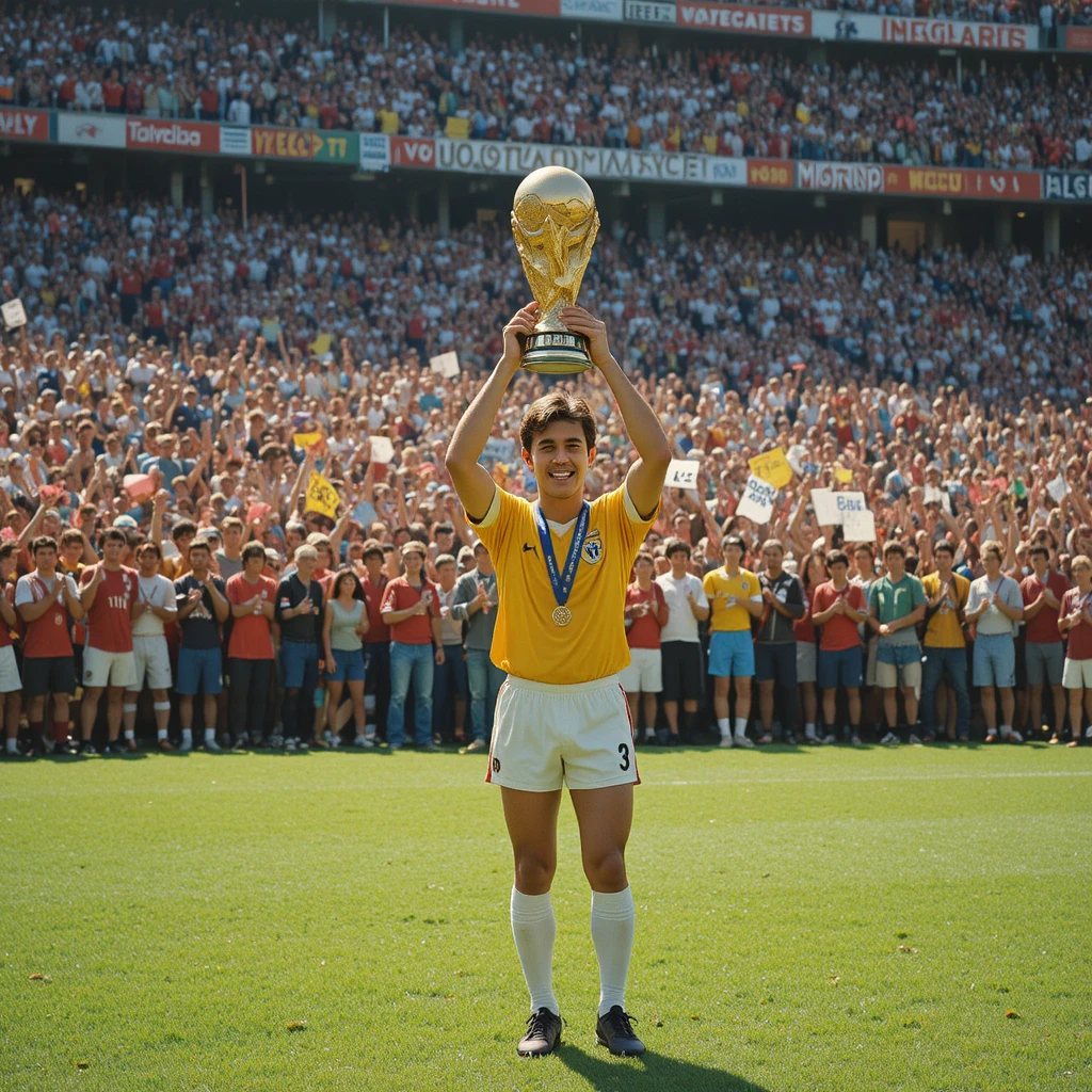 Football champion lifting the World Cup before cheering fans