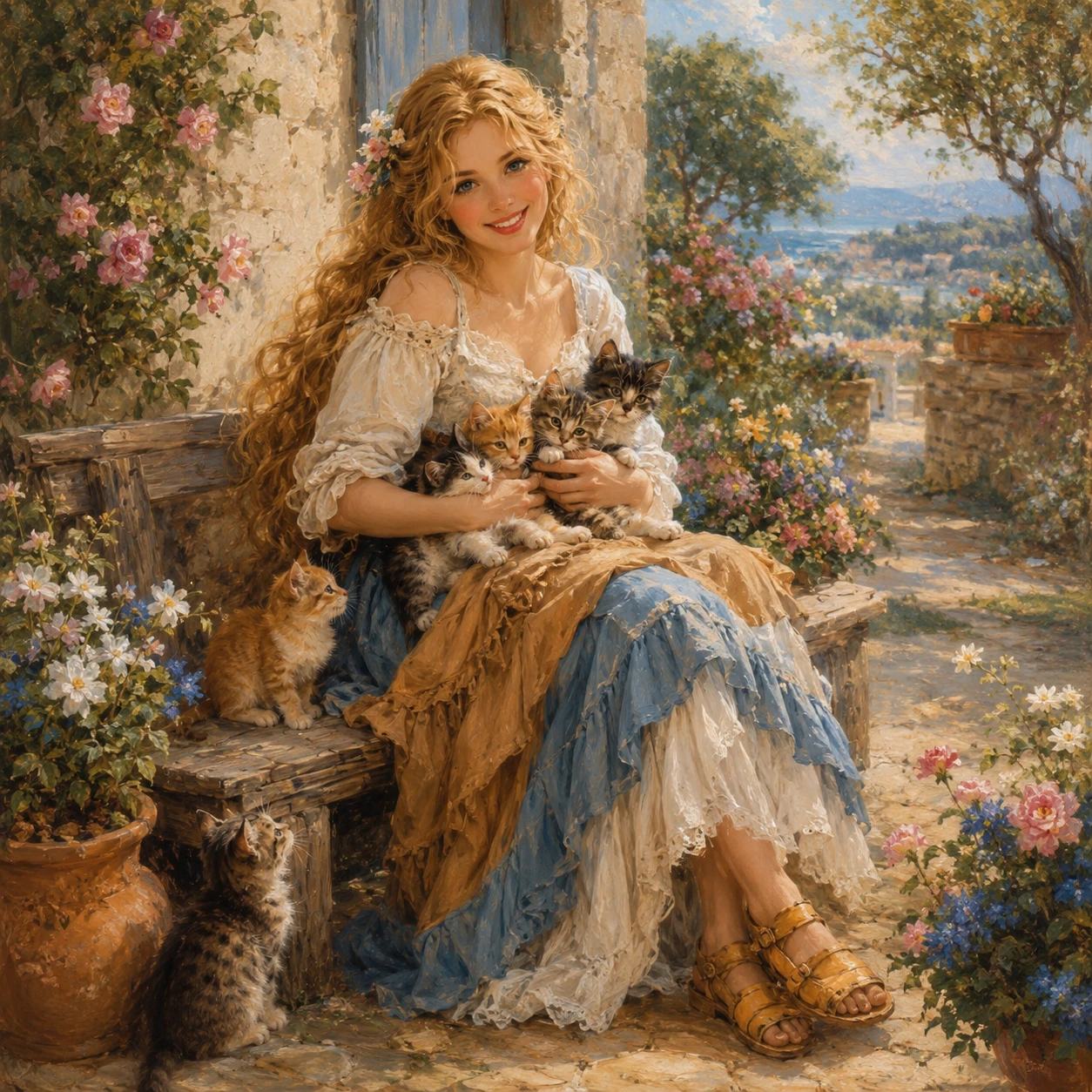 Mujer sonriente con gatitos en una escena de jardín de ensueño