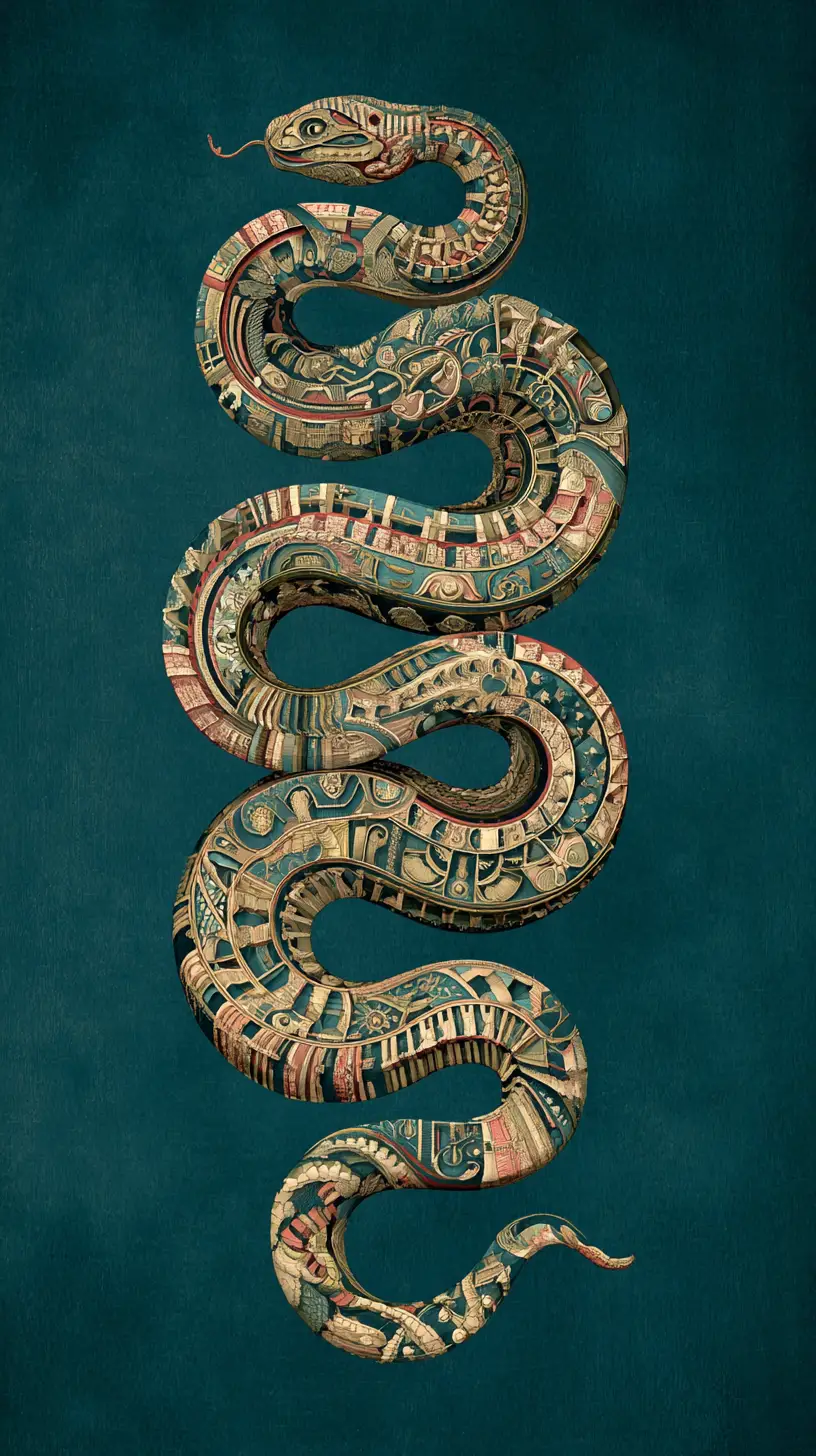 Elegant cosmic serpent looping through surreal symbolic space