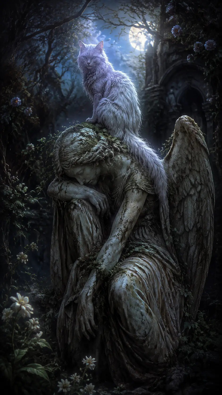 Ethereal moonlit cat on crumbling angel statue