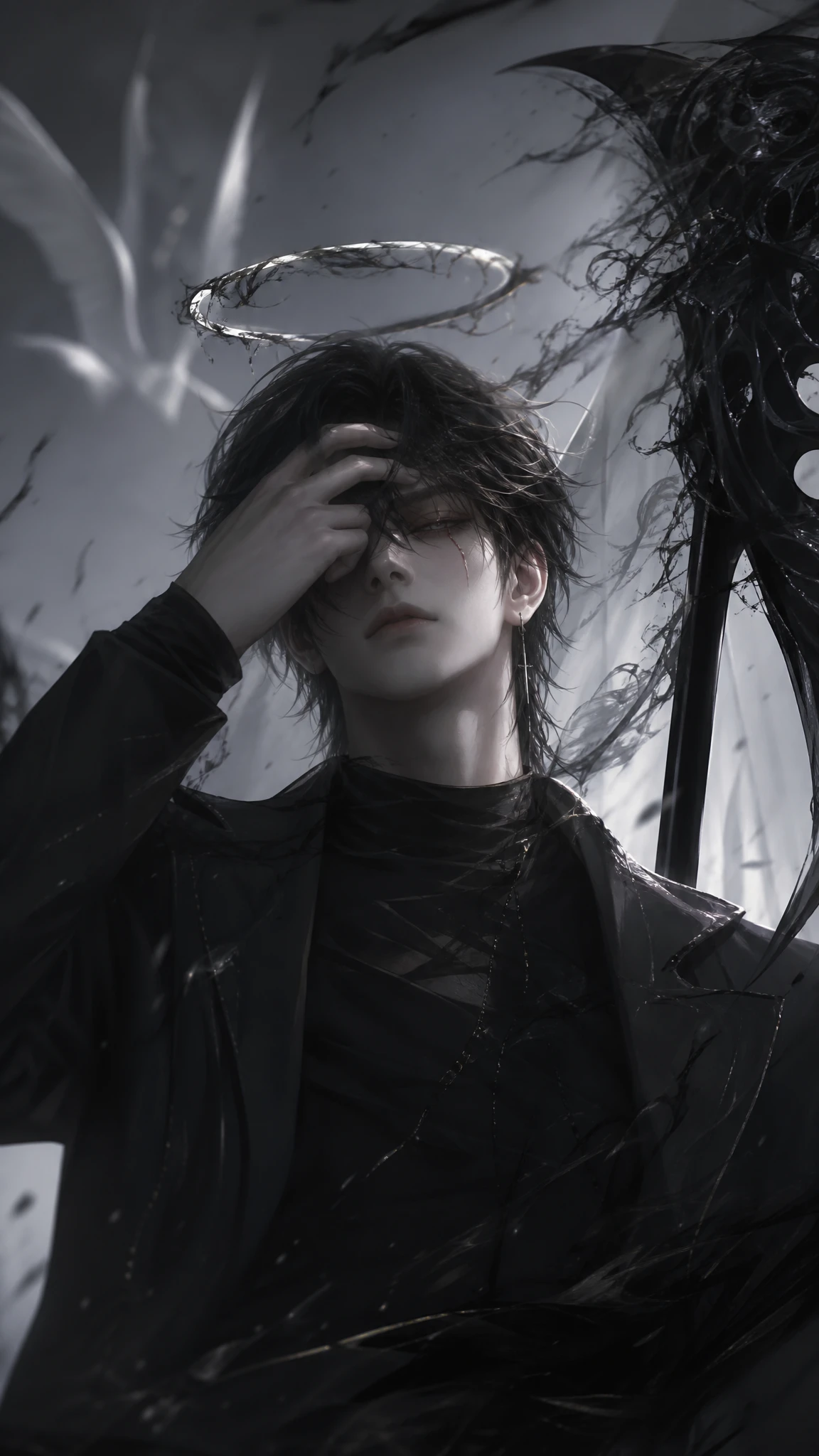 Mysterious angelic young man lifting bangs to reveal scar