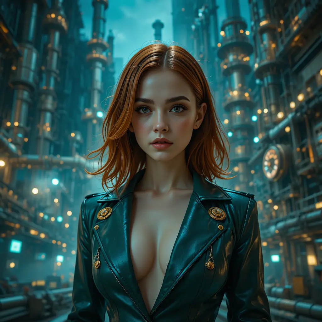 Ritratto cinematografico di una donna cyberpunk in una raffineria