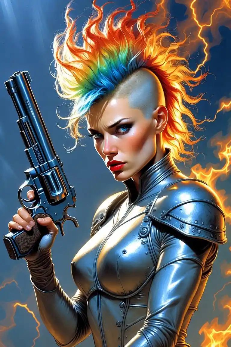Fierce female warrior facing supernatural demons in battle