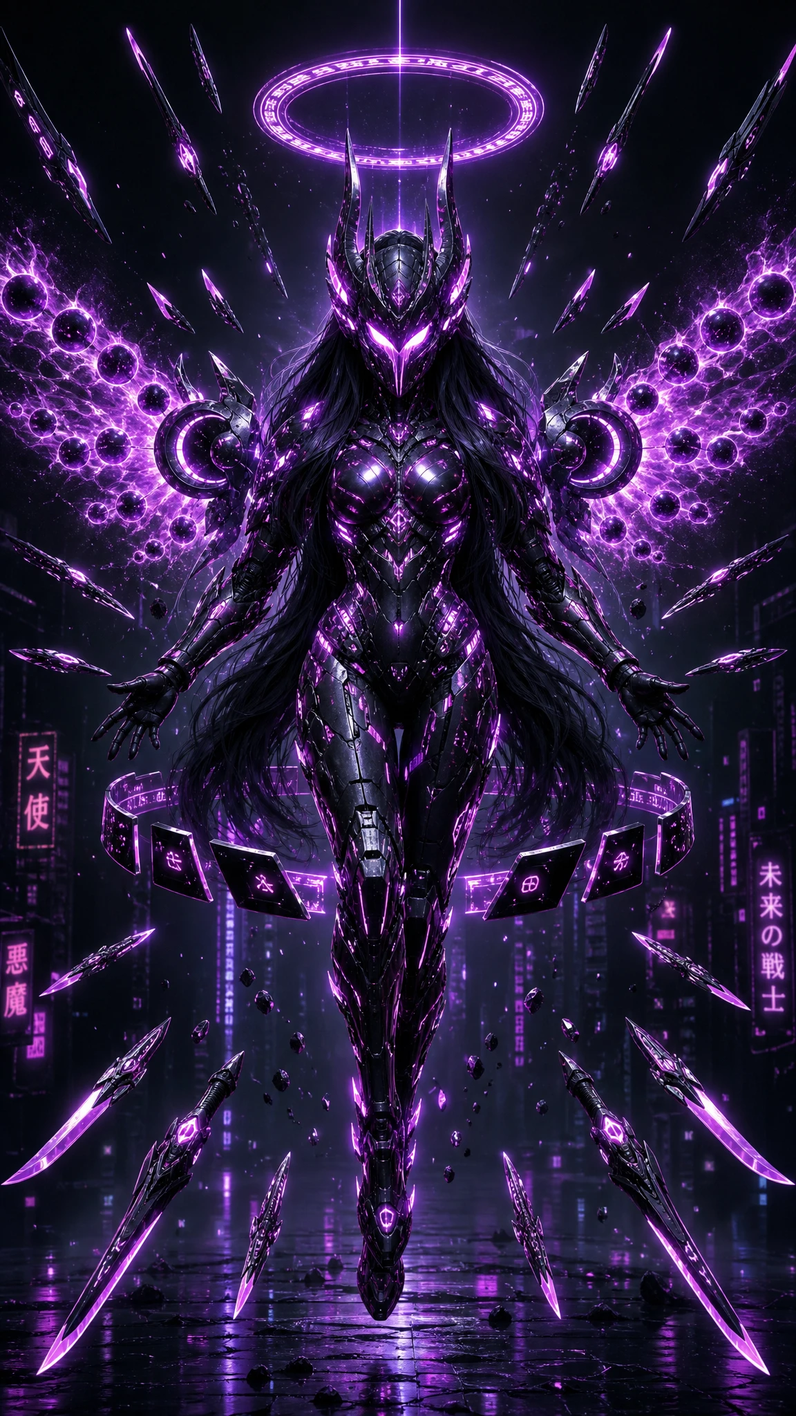 Cybernetic warrior in horned armor with floating blade halo