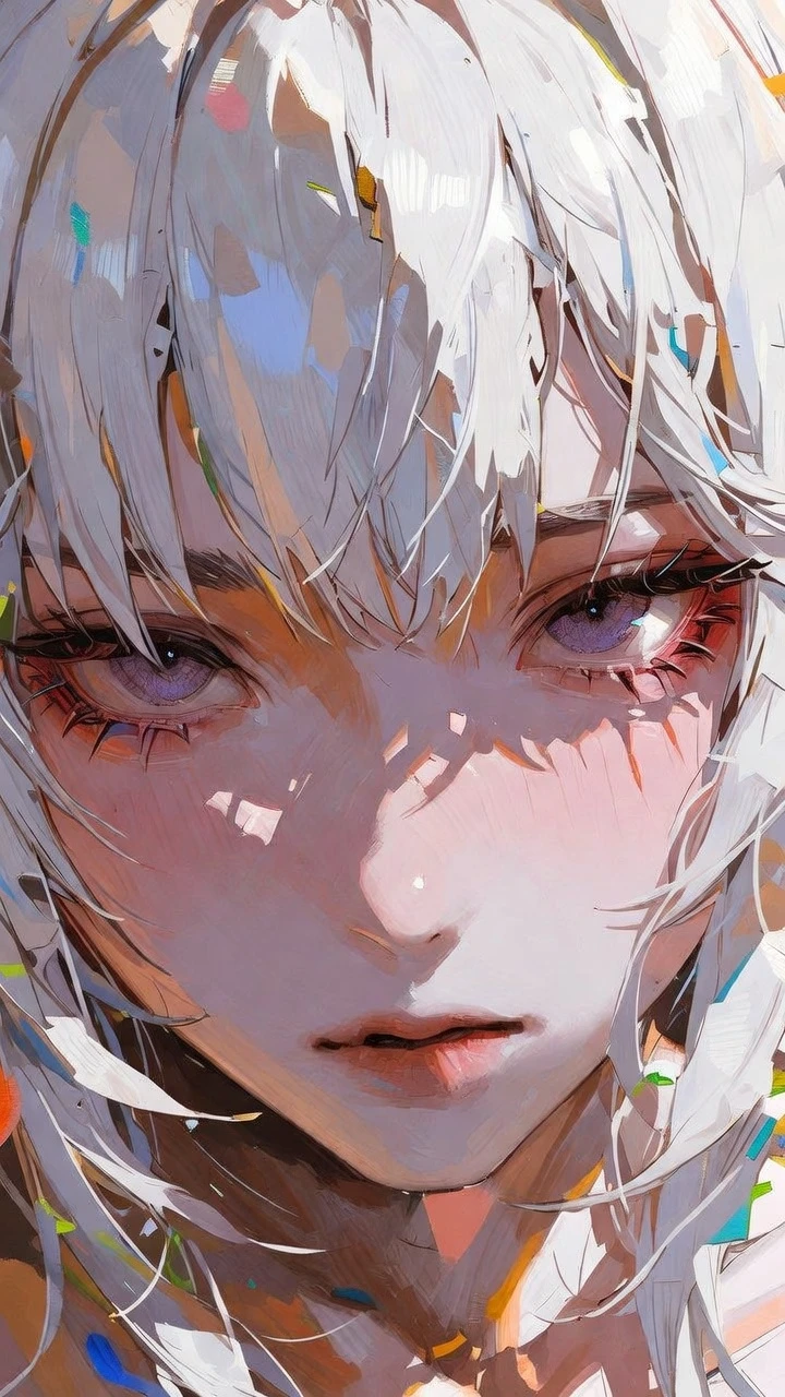 Ragazza anime eterea con capelli bianchi e occhi viola