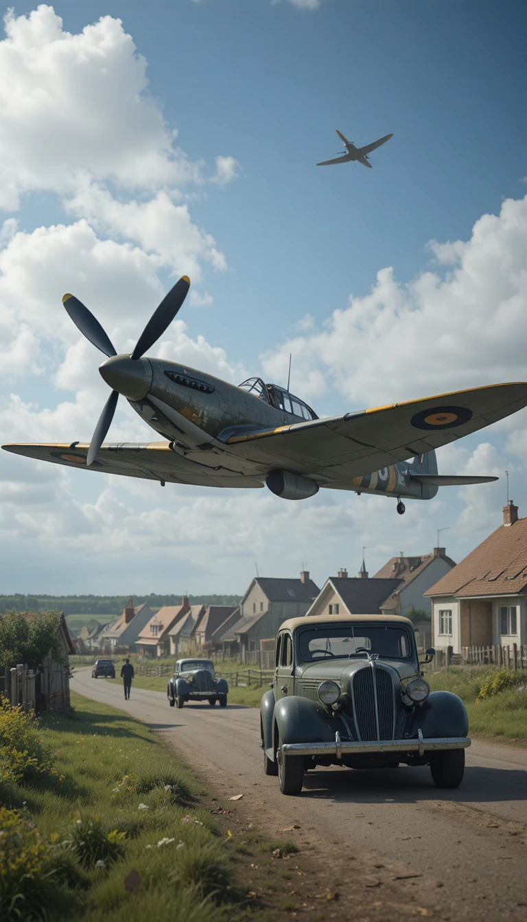 World War II fighter plane over a coastal fishing village