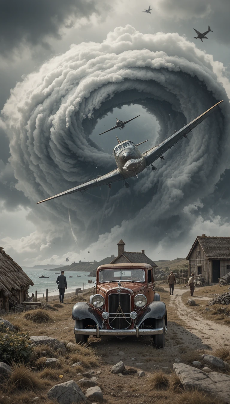 Fighter plane flying above a quiet coastal fishing village