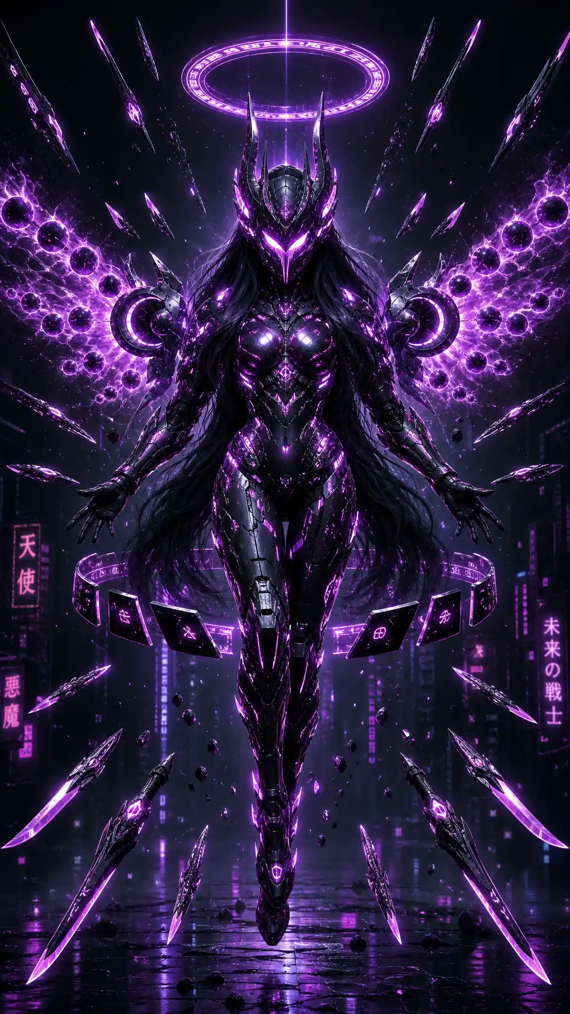 Cybernetic warrior in horned armor with floating blade halo