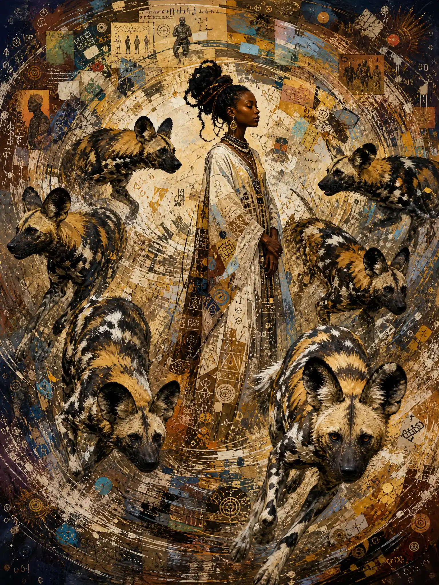 African painted dogs circling a still human figure