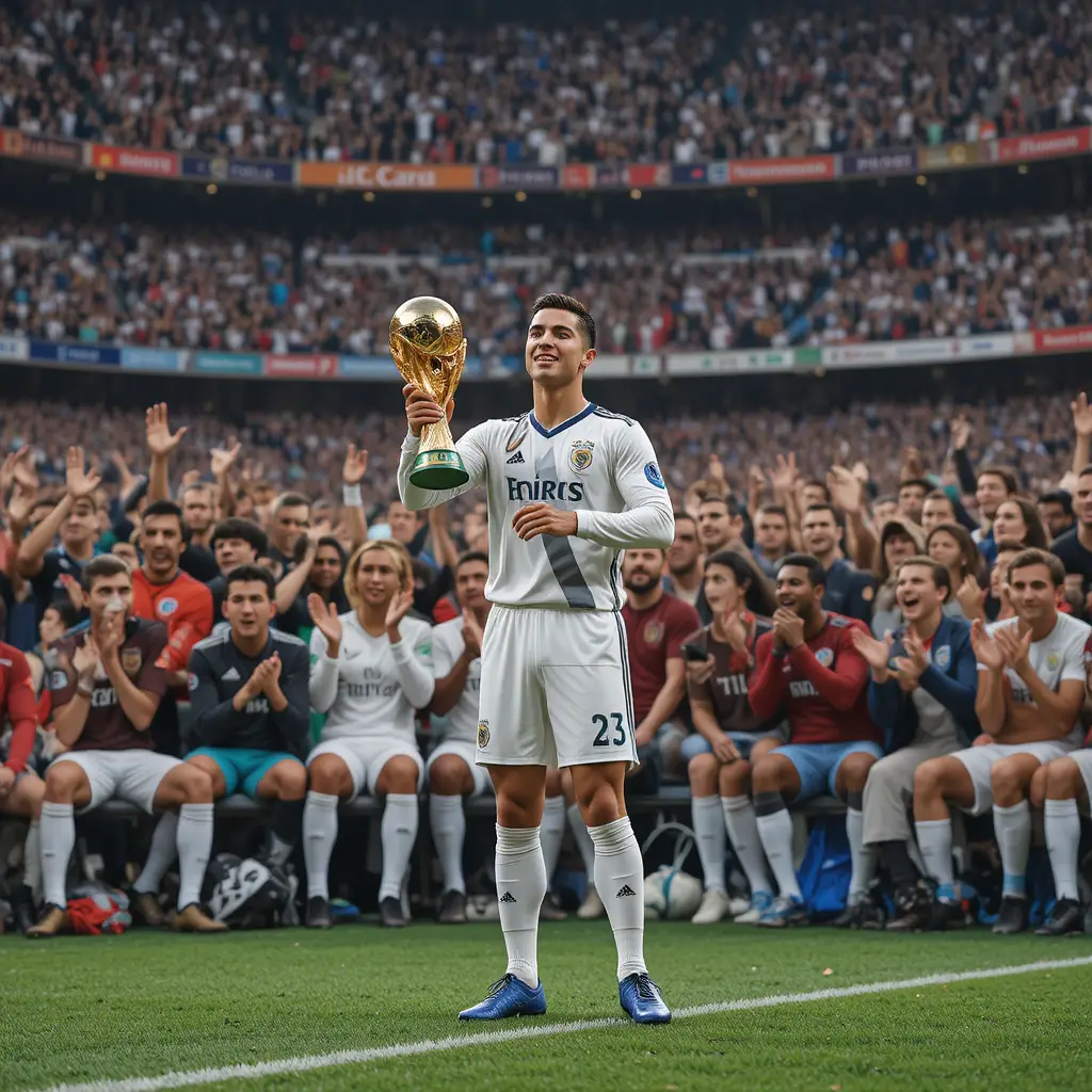 Soccer player holding the World Cup on the field
