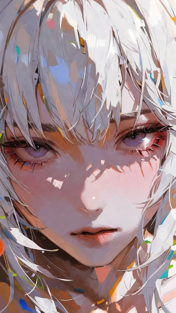 Ethereal anime girl with white hair and violet eyes