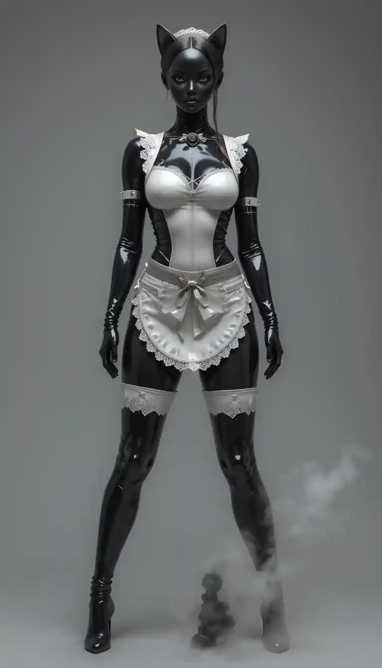 Android figure in black latex catsuit and maid uniform