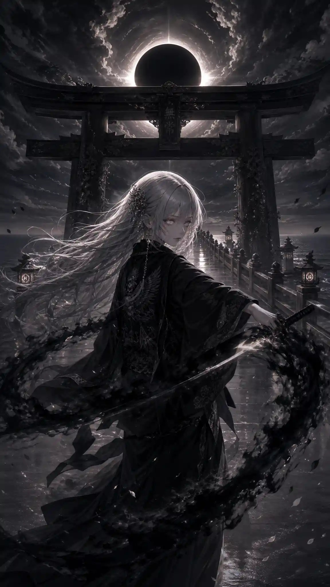 Silver haired girl on a sea bridge under a dark eclipse
