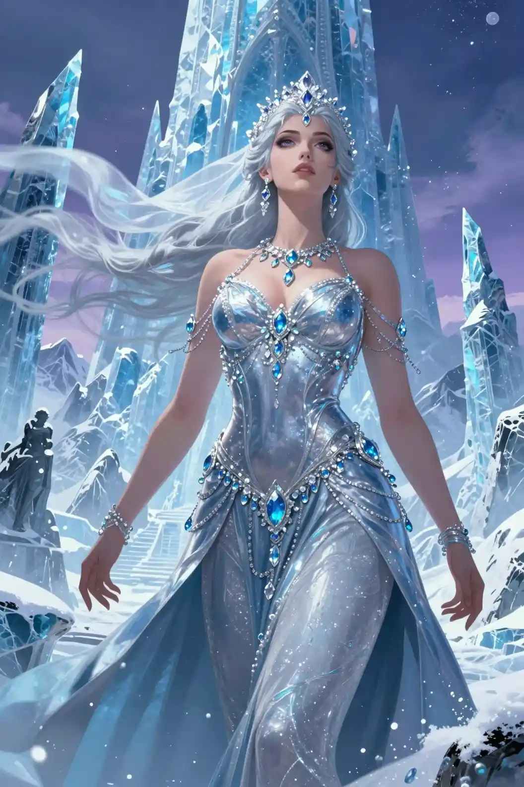 Regal fantasy queen above ancient frozen mountain ruins